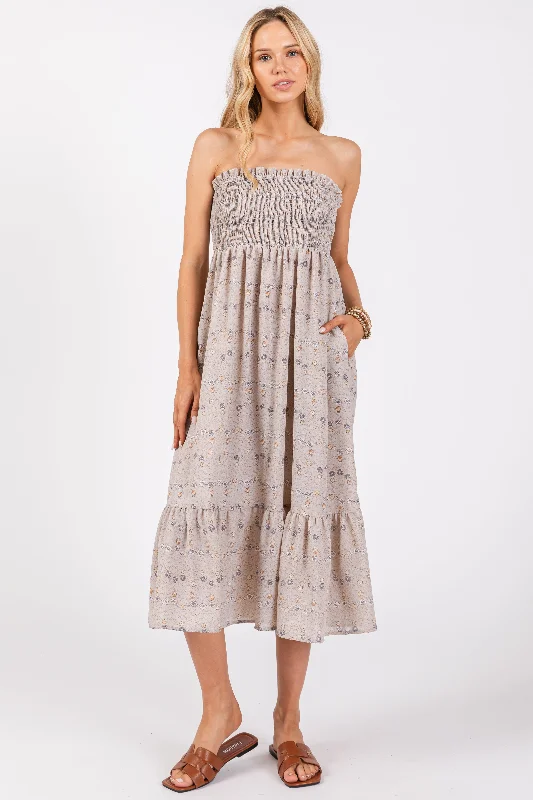 Grey Floral Print Smocked Bodice Tube Top Midi DressShort-sleeve Dress