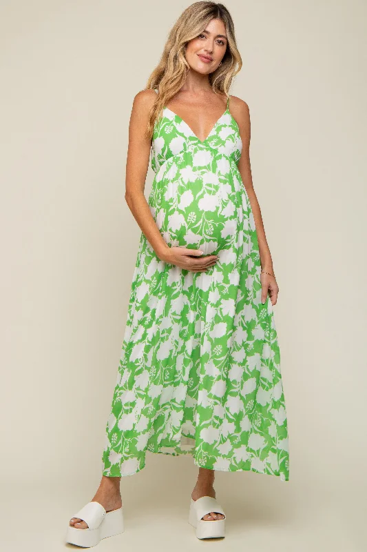 Green Floral Chiffon Deep V-Neck Sleeveless Maternity Maxi DressVNeckTopCrystal