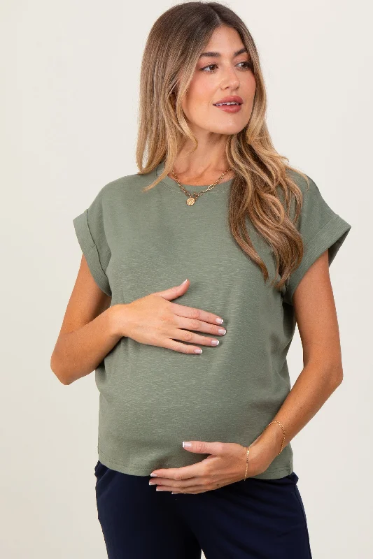 Logo Short Sleeve TopsLight Olive Rolled Short Sleeve Maternity Tee