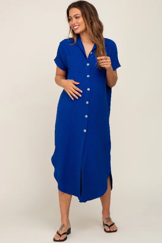 Royal Blue Button Down Hi Low Maternity Maxi DressProm Dress