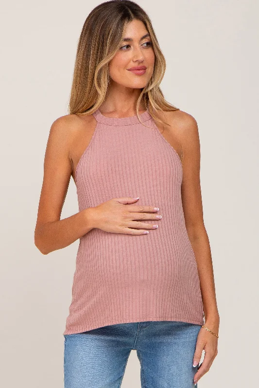 Thermal jacketMauve Ribbed Halter Neck Maternity Tank Top