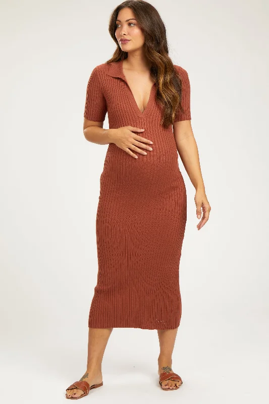 Rust Ribbed Collared V-Neck Maternity Midi DressVNeckTopRise