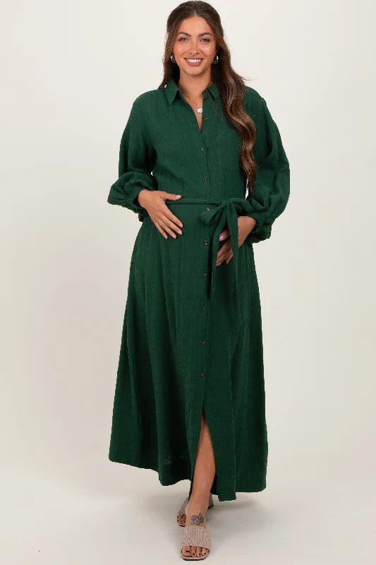 Dark Olive Gauze Belted Shirt Maternity Midi DressModern Dress