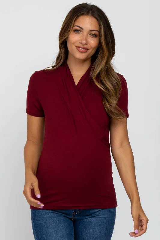 Velvet Short Sleeve TopsBurgundy Solid Short Sleeve Wrap Front Maternity/Nursing Top