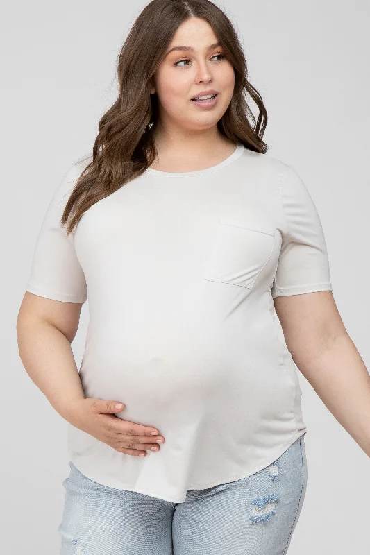 Ivory Crew Neck Front Pocket Short Sleeve Maternity Plus TopCrewneckstretch