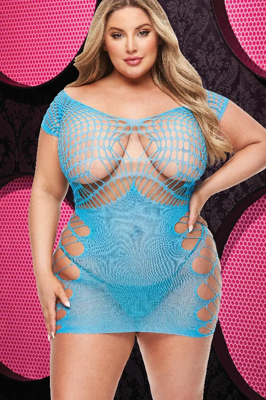 Sexy Fishnet And Lace Halter Dress -Blue | Plus SizeWaterproof Dress