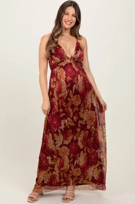 Burgundy Floral Deep V-Neck Back Cutout Maternity Maxi DressVNeckTopGriffin