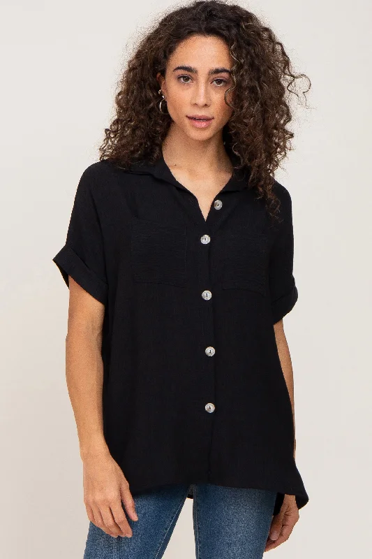 French Terry Short Sleeve TopsBlack Collared Button-Down Short Sleeve Blouse