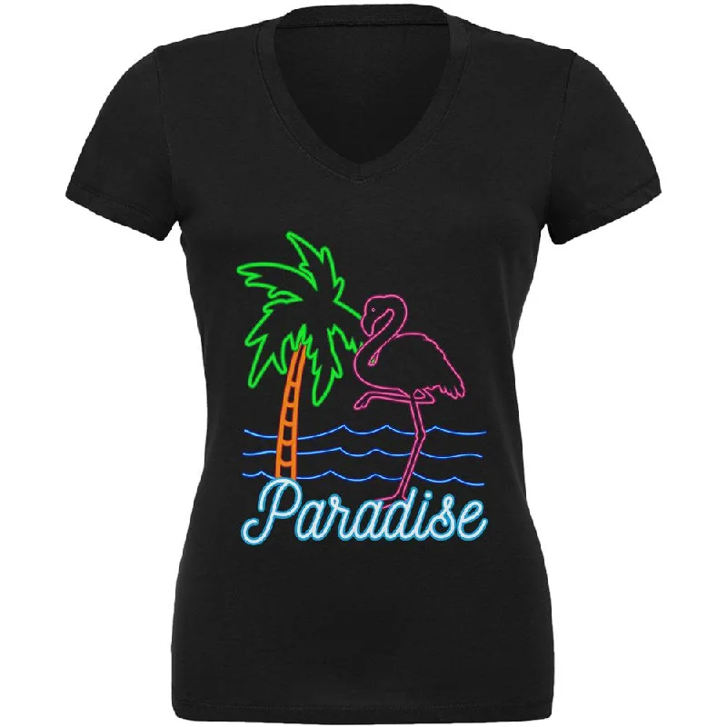 Retro 80s Neon Sign Flamingo Paradise Juniors V-Neck T ShirtVNeckTopStellar