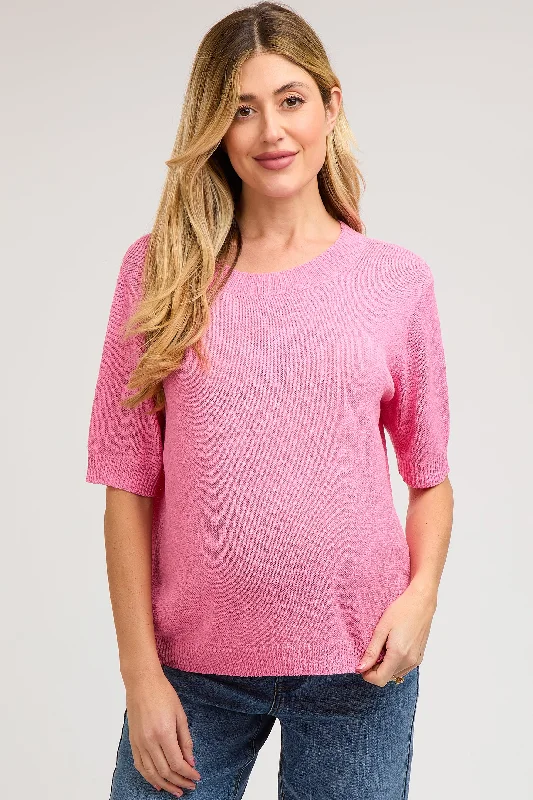 Casual Short Sleeve TopsPink Knit Short Sleeve Maternity Top