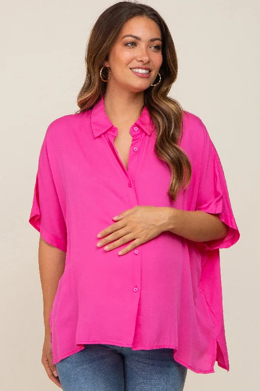 Punk Short Sleeve TopsFuchsia Button Up Dolman Short Sleeve Maternity Top