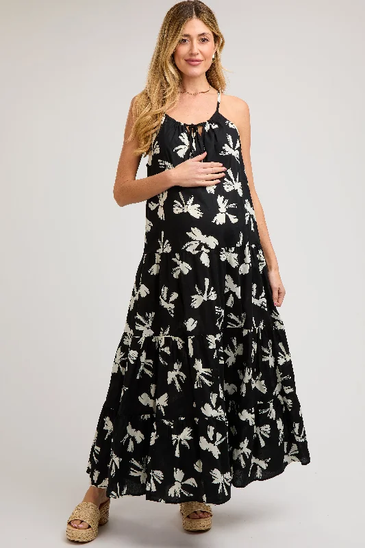 Black Bow Print Halter Front Tie Tiered Maternity Maxi DressKaftan Dress