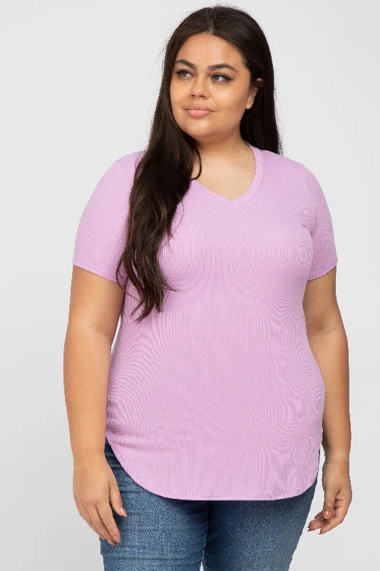 Lavender Ribbed V-Neck Short Sleeve Plus TopVNeckTopCentaur