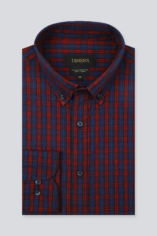 Navy Blue Tattersall Check Casual ShirtRuffled Shirts