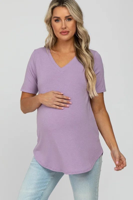 Lavender V-Neck Maternity Short Sleeve Round Hem TopVNeckTopKraken