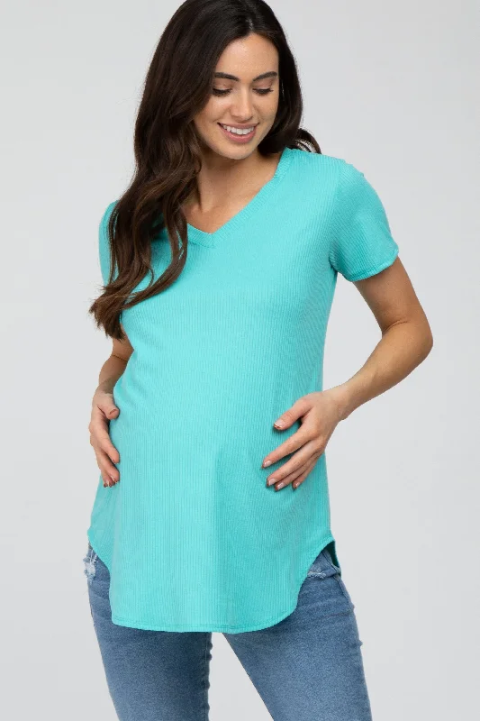 Mint Ribbed V-Neck Short Sleeve Maternity TopVNeckTopPlus