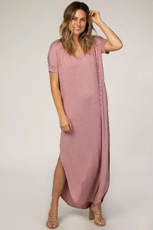 Mauve V-Neck Short Sleeve Maxi DressVNeckTopPearl