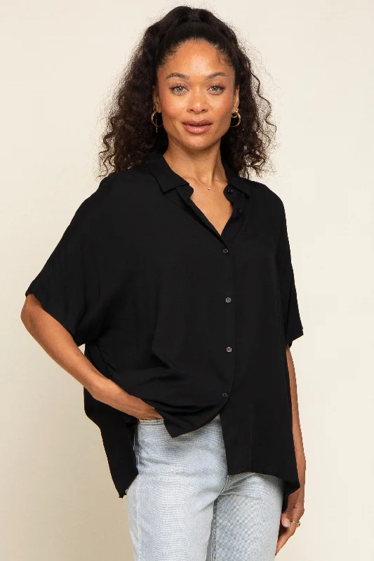 Distressed Short Sleeve TopsBlack Button Up Dolman Short Sleeve Top