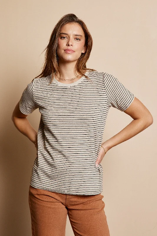 Reflective Short Sleeve TopsBeige Striped Short Sleeve Top