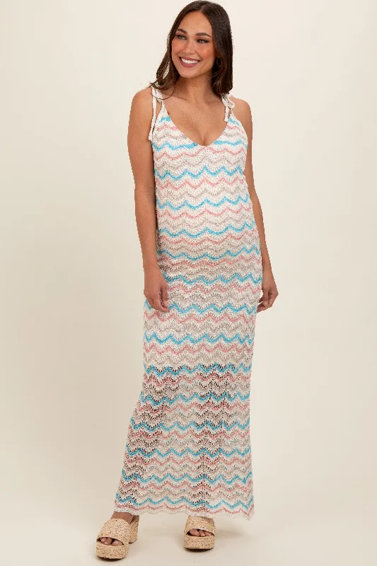 Cream Chevron Crochet Shoulder Tie Maternity Midi DressSari Dress