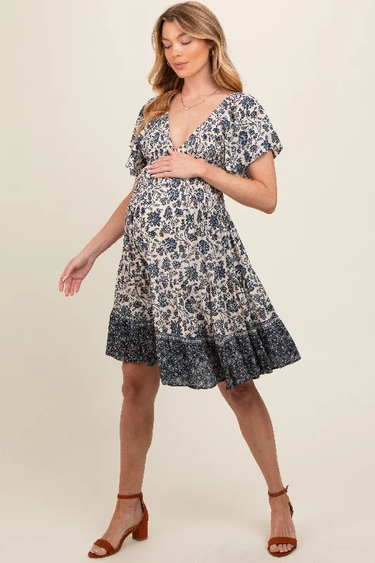 Navy Blue Floral Smocked V-Neck Tiered Maternity DressVNeckTopTerra