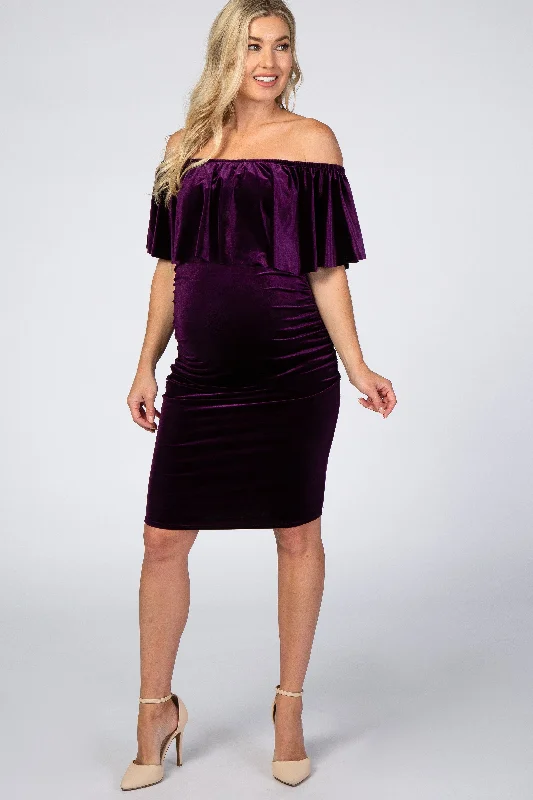 Purple Velvet Off Shoulder Fitted Maternity DressSlit Dress