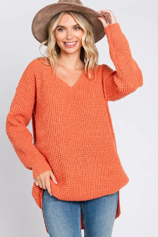 Orange Chunky Knit V-Neck Side Slit Long SweaterVNeckTopCanyon