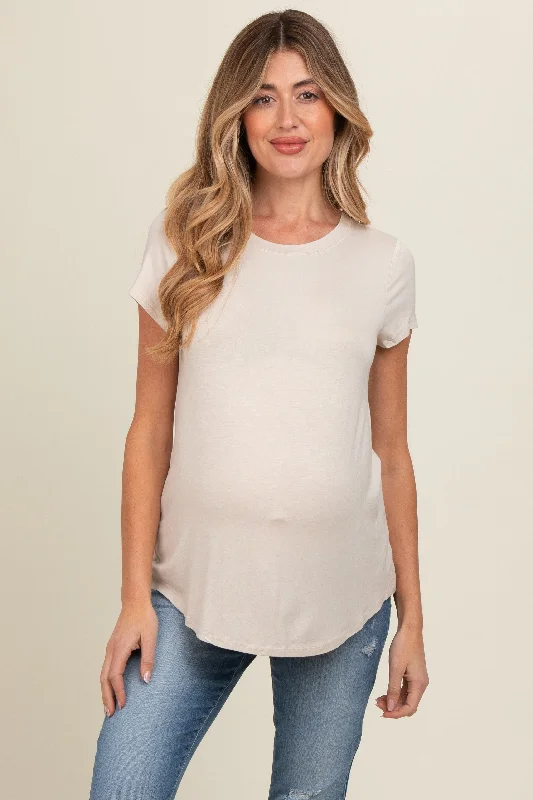 Travel Short Sleeve TopsBeige Basic Short Sleeve Maternity Top