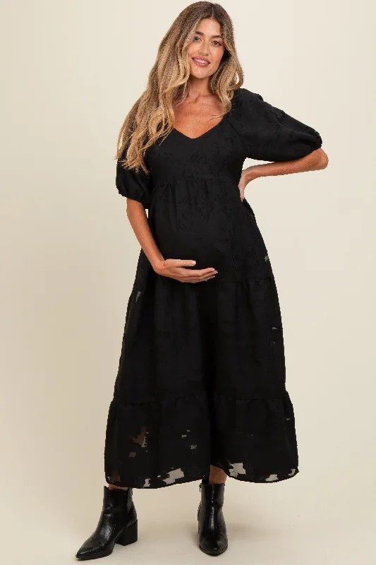 Black Floral Textured Tiered Midi Maternity DressCrinoline Dress