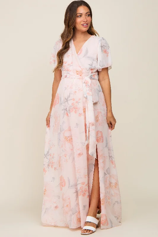 Peach Floral Chiffon V-Neck Front Slit Short Sleeve Maternity DressVNeckTopZenith