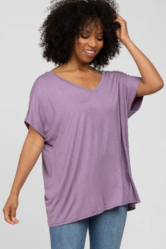 Lavender V-Neck Oversized Short Sleeve TopVNeckTopLite