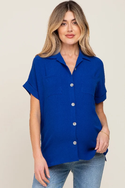 Silk Short Sleeve TopsRoyal Blue Collared Button-Down Short Sleeve Maternity Blouse