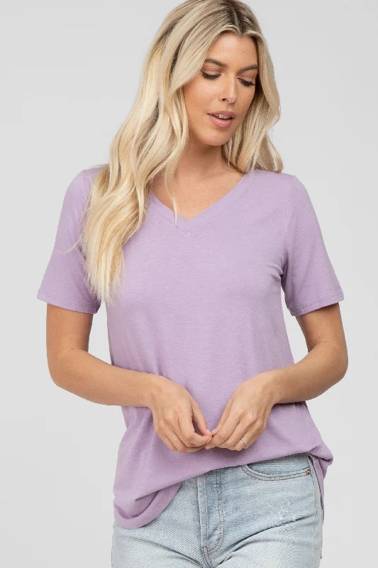 Lavender V-Neck Short Sleeve Round Hem TopVNeckTopPrime