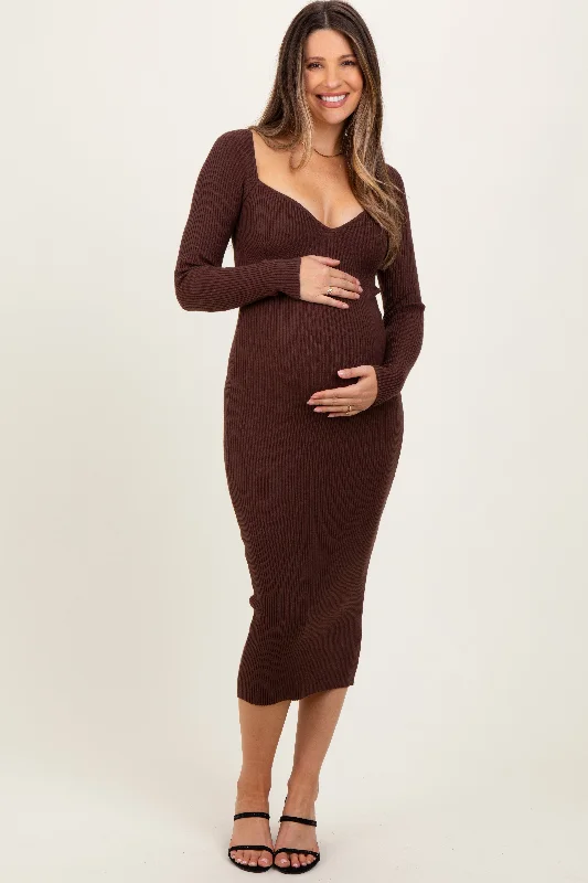 Brown Deep V-Neck Maternity Midi Sweater DressVNeckTopGold