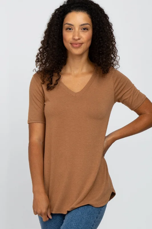 Camel V-Neck Short Sleeve Round Hem TopVNeckTopRuby