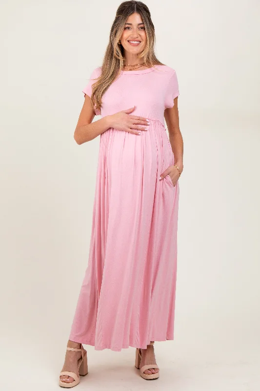 Hemp Short Sleeve TopsLight Pink Short Sleeve Pocketed Maternity Maxi Dress