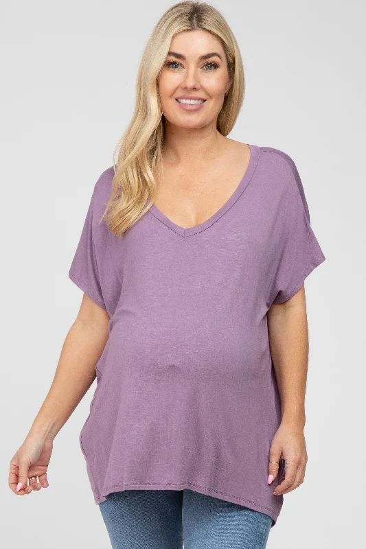 Lavender V-Neck Oversized Maternity Short Sleeve TopVNeckTopElite