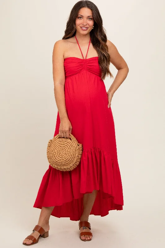 Red Halter Neck High-Low Hem Maternity DressSleeveless Dress