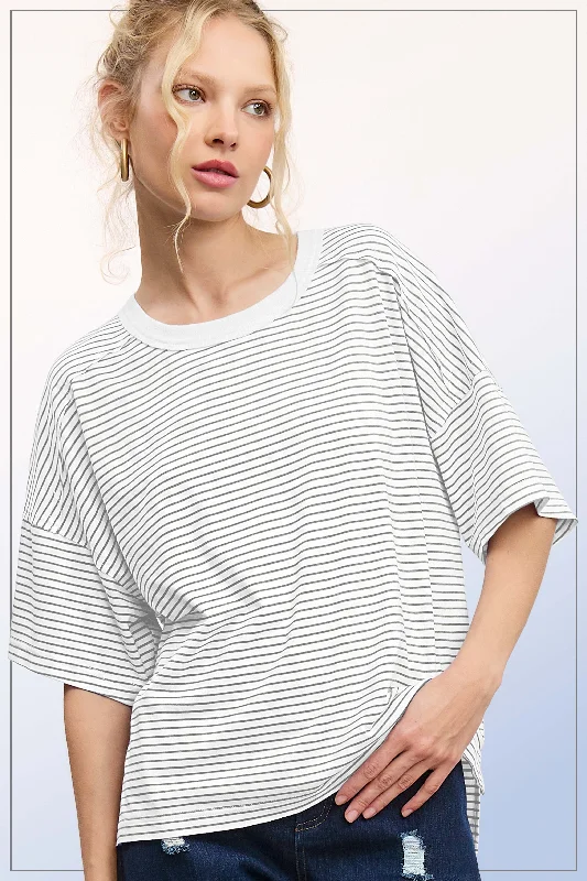 Thermal Short Sleeve TopsHeather Grey Striped Drop Shoulder Short Sleeve Top