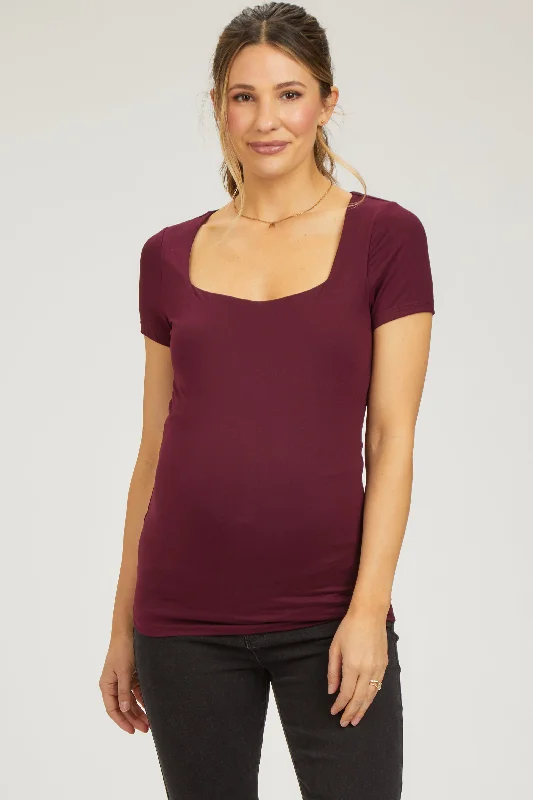 Lounge Short Sleeve TopsBurgundy Square Neck Short Sleeve Maternity Top