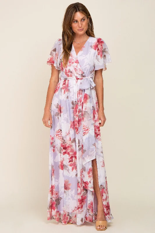 Red Floral Chiffon V-Neck Front Slit DressVNeckTopSpartan