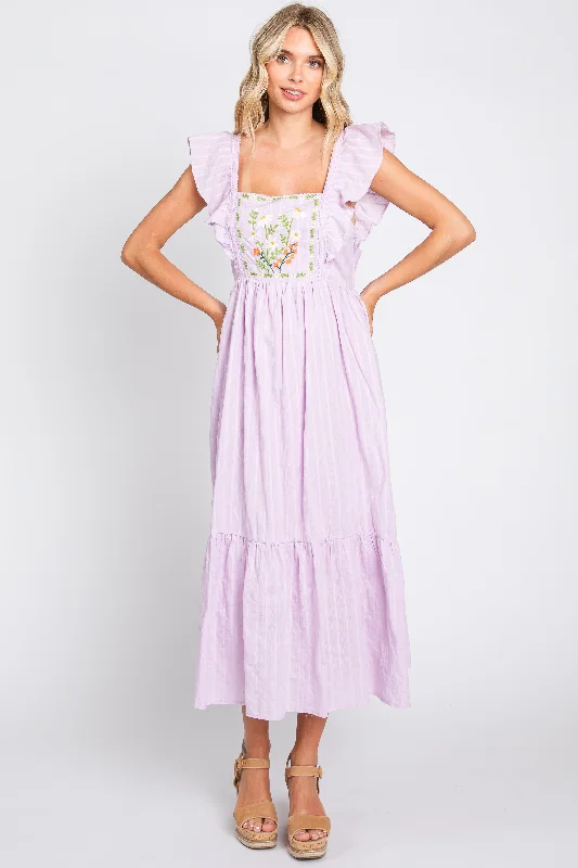 Lavender Floral Embroidered Tie Back Midi DressEmpire Waist Dress