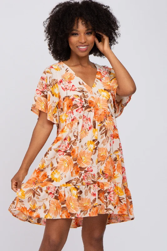 Beige Floral V-Neck Ruffle Hem DressVNeckTopNest