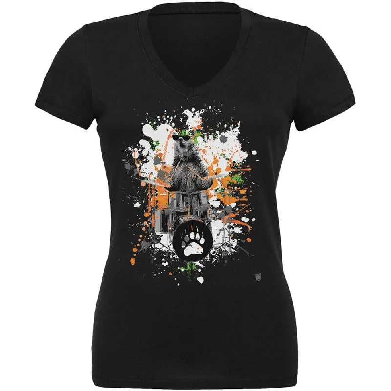 Bear Drummer Splatter Black Juniors V-Neck T-ShirtVNeckTopMax