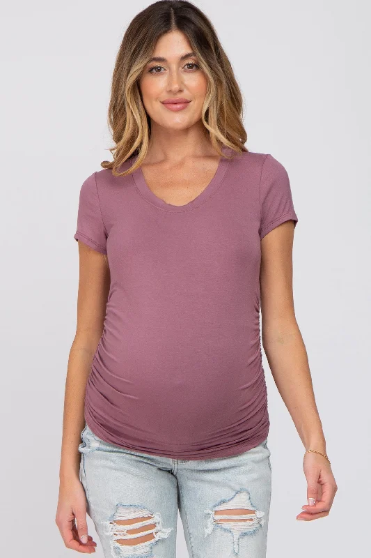 Fishing Short Sleeve TopsDark Mauve Basic Short Sleeve Maternity Fitted Top