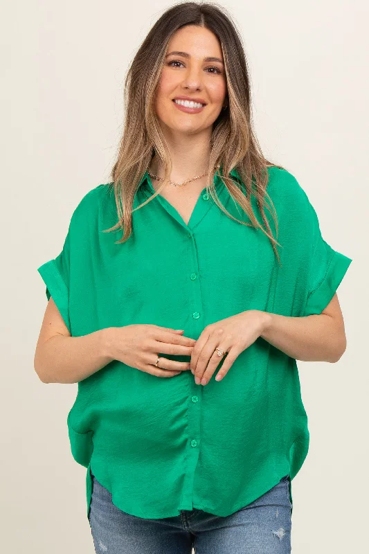 Luxury Short Sleeve TopsGreen Satin Button Front Collared Short Sleeve Maternity Top