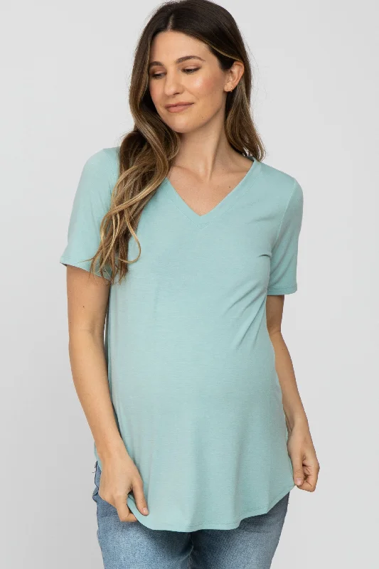 Light Mint V-Neck Maternity Short Sleeve Round Hem TopVNeckTopUnicorn