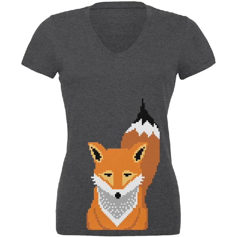 Winter Pixelated Fox Dark Heather Juniors V-Neck T-ShirtVNeckTopFusion