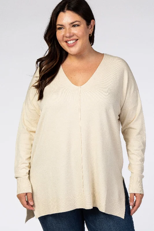 Cream Soft V-Neck Hi-Low Plus SweaterVNeckTopJade