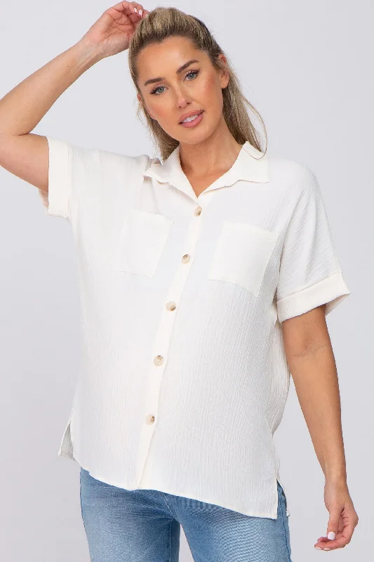 Urban Short Sleeve TopsIvory Collared Button-Down Short Sleeve Maternity Blouse